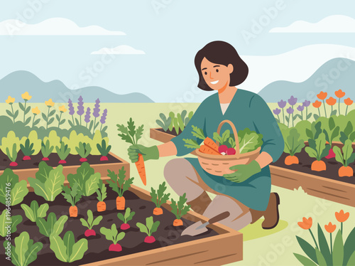Woman Harvesting Fresh Vegetables from a Raised Garden Bed.