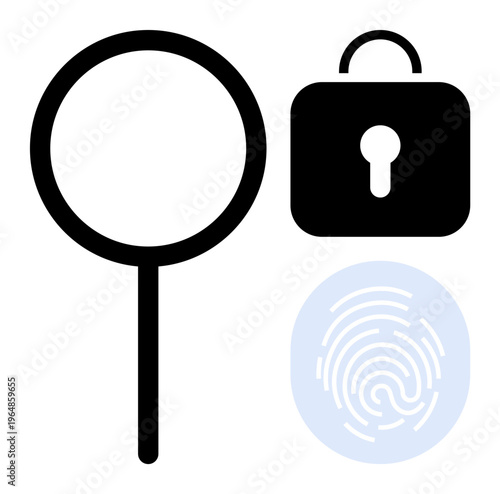 Data protection, cybersecurity, identity verification, authentication, digital privacy, forensic technology. Black magnifying glass, lock and fingerprint design on white background. Data protection