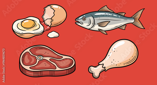 A vibrant illustration of a raw steak cut on a red background, evoking a sense of freshness and appetite.