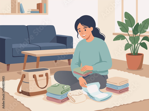 Woman packing baby clothes and essentials for hospital bag.