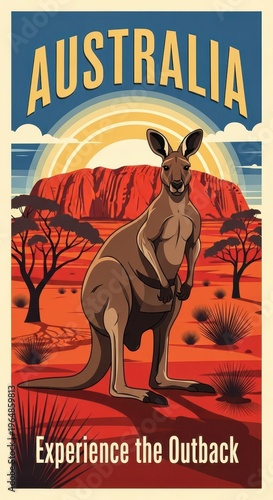 Vintage travel poster showcases a large marsupial against a dramatic desert landscape with a setting sun