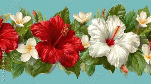 Vibrant Floral Arrangement with Red and White Hibiscus Flowers on a Soft Blue Background
