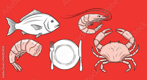 A cartoon-style illustration of a shrimp on a red background, conveying a sense of food and cuisine.