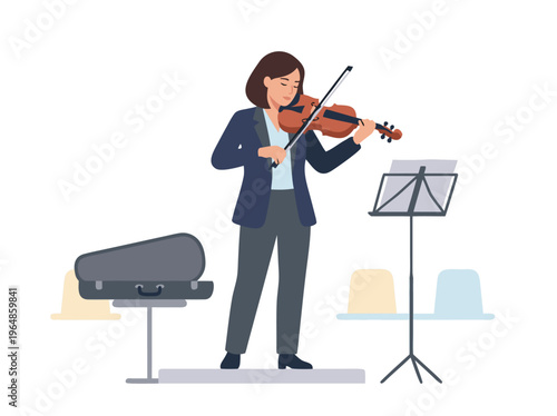 Woman playing violin on stage with music stand and case.