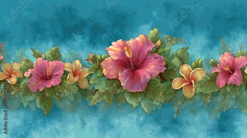 Vibrant Tropical Floral Border with Hibiscus and Leaves on Aquamarine Background
