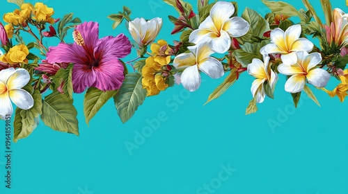 Vibrant Tropical Floral Arrangement Featuring Hibiscus, Plumeria, and Yellow Blooms on Turquoise Background