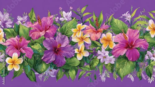 Vibrant Tropical Floral Pattern Featuring Hibiscus, Plumeria, and Orchid on a Purple Background for Colorful Design Projects