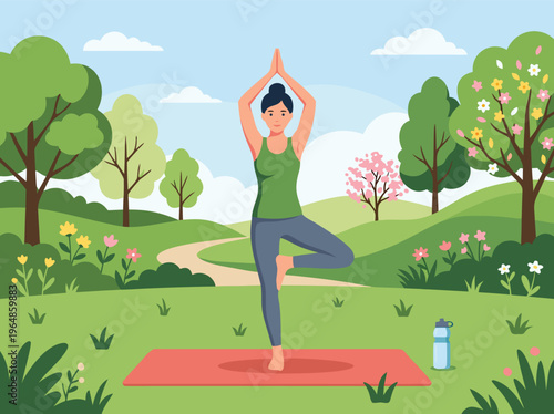Woman Practicing Yoga Tree Pose in a Serene Park.