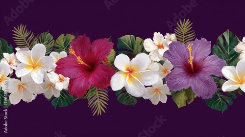 Vibrant Tropical Floral Arrangement with Hibiscus and Plumeria on Dark Background