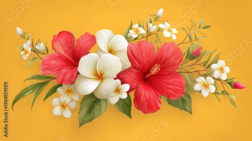 Beautiful Arrangement of Hibiscus and Frangipani Flowers on a Bright Yellow Background