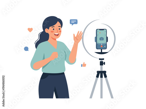 Woman recording video with smartphone and ring light.