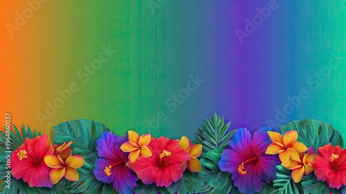 Vibrant Tropical Floral Background with Colorful Hibiscus and Exotic Leaves for Summer Decoration and Design Projects