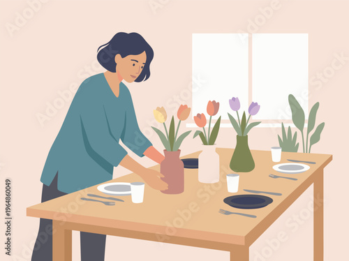 Woman Setting Table with Flowers for Meal.