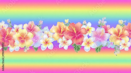 Vibrant Floral Pattern with Hibiscus and Plumeria on Colorful Rainbow Stripe Background