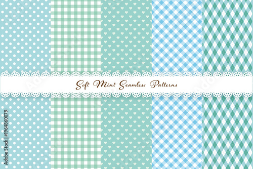 ミントブルーのシームレスパターンセット 爽やかで可愛い春夏の背景素材