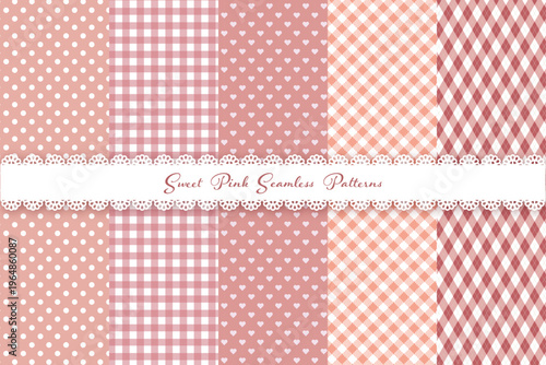母の日 ピンクのシームレスパターンセット ギンガムチェック、ドット、ハートのパターン