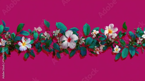 Vibrant Floral Arrangement with Hibiscus and Tropical Leaves on Pink Background
