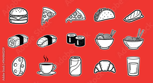 A stylized illustration of sushi rolls on a red background, conveying a sense of Japanese cuisine and culinary delight.