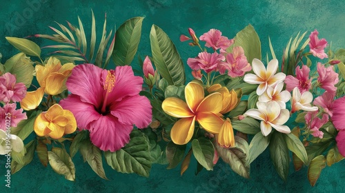 Vibrant Tropical Floral Arrangement with Hibiscus, Plumeria, and Exotic Greenery on Vibrant Background