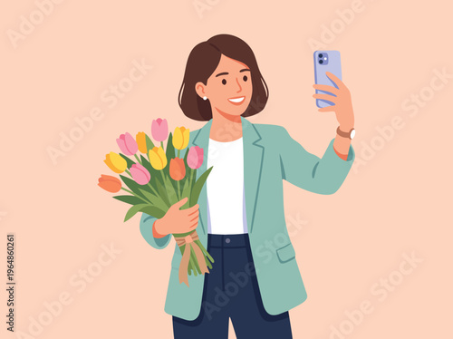 Woman Taking Selfie with Tulip Bouquet.