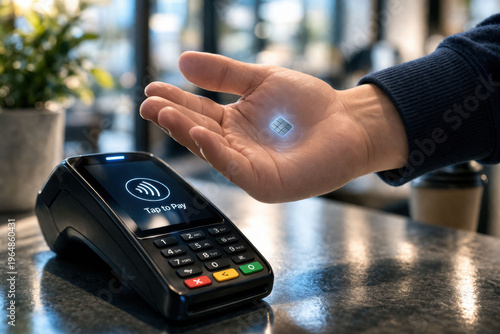 Futuristic biometric payment concept showing a human palm with an implanted microchip used for contactless transactions. Clean commercial style, symbolizing cashless economy and fintech innovation.