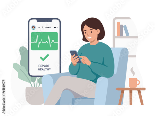 Woman using smartphone for health monitoring at home.