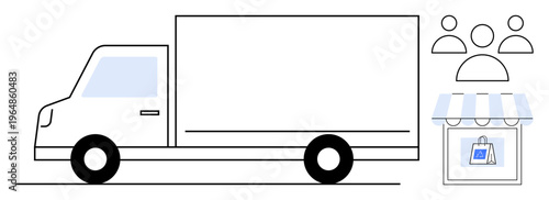 E-commerce, logistics, shipping, retail, delivery services, supply chain management. Flat-style delivery truck next to shop and user icons. Logistics and shipping concepts