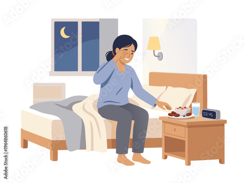 Woman waking up and taking medication by bedside table.