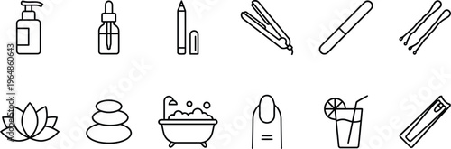 A collection of black line icons representing various spa and wellness treatments and products