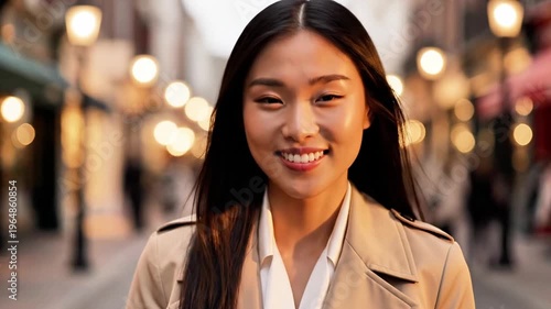 A serene young woman with a gentle smile stands on a blurred city street background