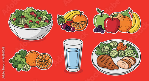 A colorful cartoon-style illustration of a green leafy vegetable and an orange, set against a bold red background, evoking a sense of freshness and vi