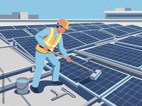 Worker Cleaning Solar Panels on Rooftop.