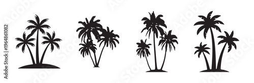 Tropical coconut palm tree silhouettes collection set on white background for beach vacation theme