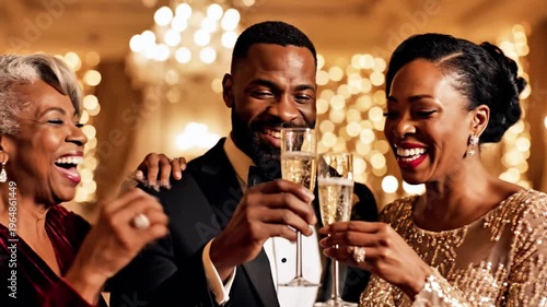 Three people in formal attire smiling and toasting with champagne at a luxurious event