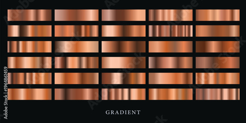Copper and bronze metallic gradient swatches collection features rich warm tones with smooth metallic transitions, creating a luxurious and elegant color palette ideal for premium branding, packaging