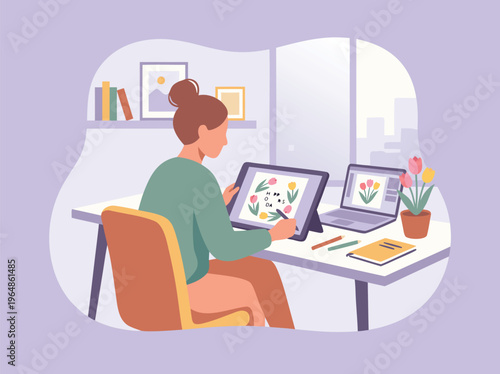 Young woman artist drawing flowers on a digital tablet at her desk.