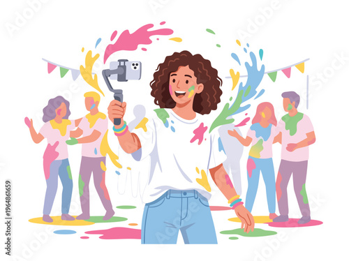 Young woman filming Holi festival with smartphone on gimbal.