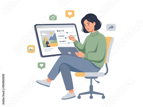 Young woman using laptop and tablet for social media.