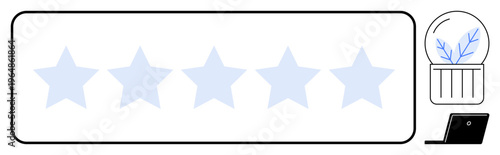 Customer feedback, product reviews, quality assurance, user satisfaction, digital evaluation, consumer trust. Five stars in a row with modern graphic touch. Customer feedback and product reviews