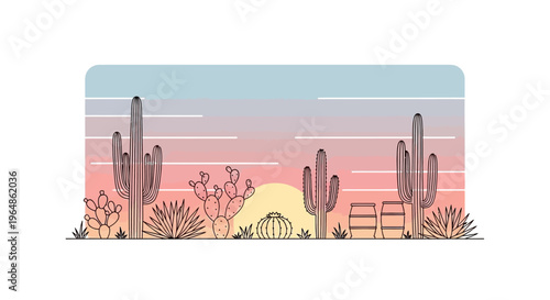 Desert Cactus Plants at Sunset Time.