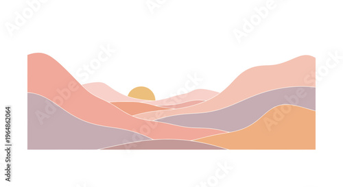 Sunset over abstract mountain ranges landscape.