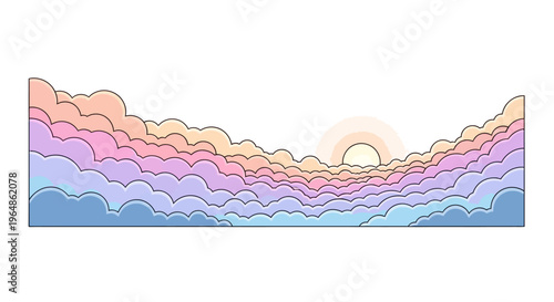 Sunrise over wavy colorful mountain range.