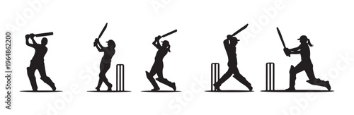 Female cricket player silhouettes depicting professional batting strokes and defensive stances