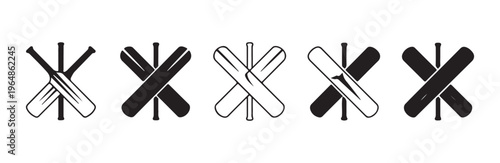 Five different black and white crossed cricket bats icons on white background