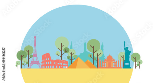 City Skyline Illustration with Trees and Landmarks.