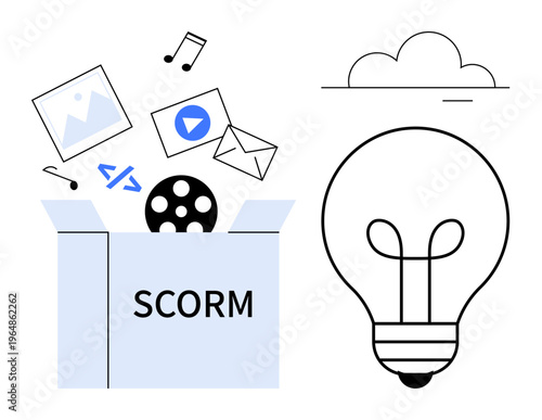 SCORM concept. SCORM package includes multimedia content thumbs up videos, images, and music for e-learning. SCORM supports effective learning technologies. For education, online courses, creative