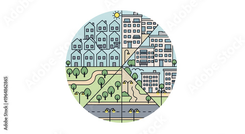 Cityscape Illustration with Buildings and Greenery.