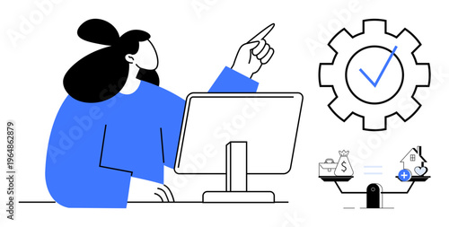 Workflow concept. Visuals include a professional woman at a workstation, gear with a checkmark, and a scale balancing money and assets. Workflow enhances efficiency and decision-making. For business