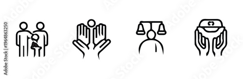 Justice and family care line icons collection featuring legal scales and protective hands symbols