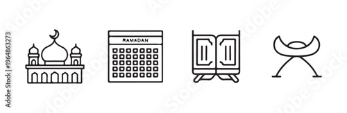 Set of islamic icons mosque ramadan calendar quran book stand and rehal line art style for ramadan